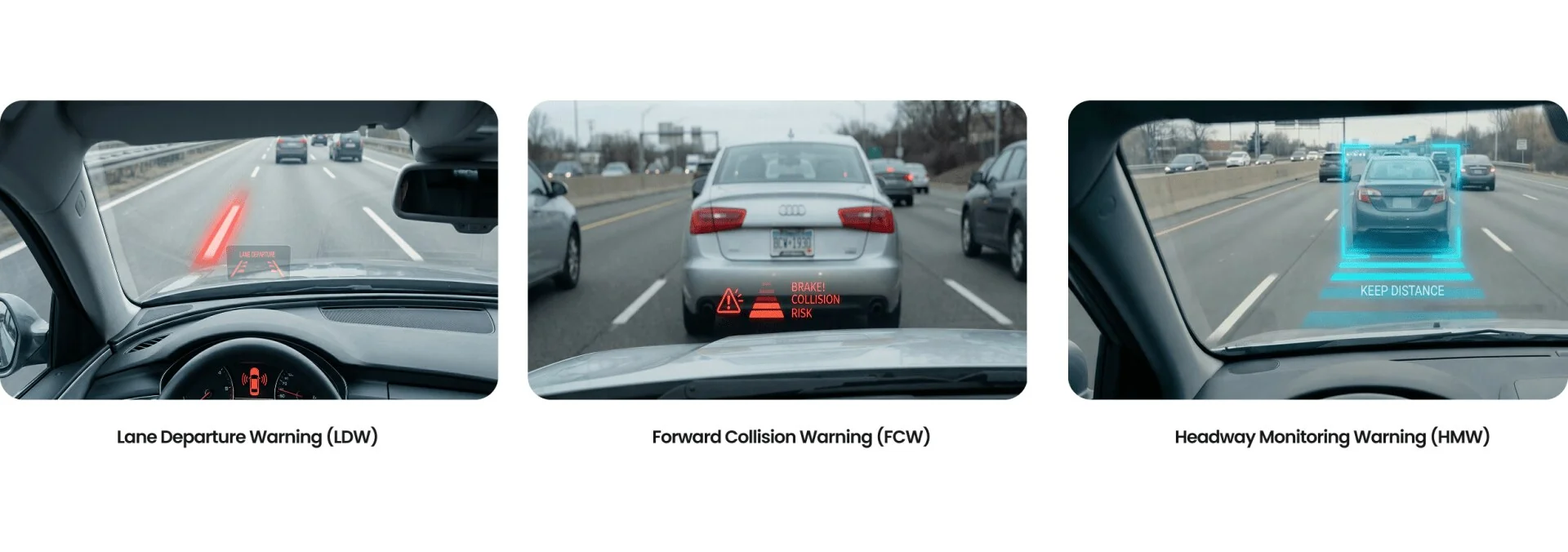 Alertas ADAS en carretera: salida de carril, colisión frontal y distancia segura desde una dashcam