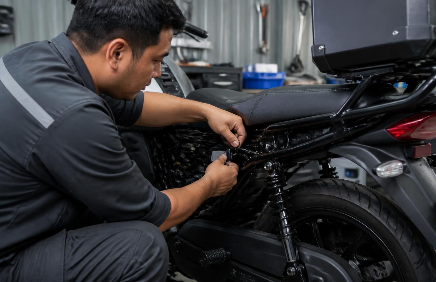 Técnico GTG instalando un equipo GPS en una motocicleta de trabajo
